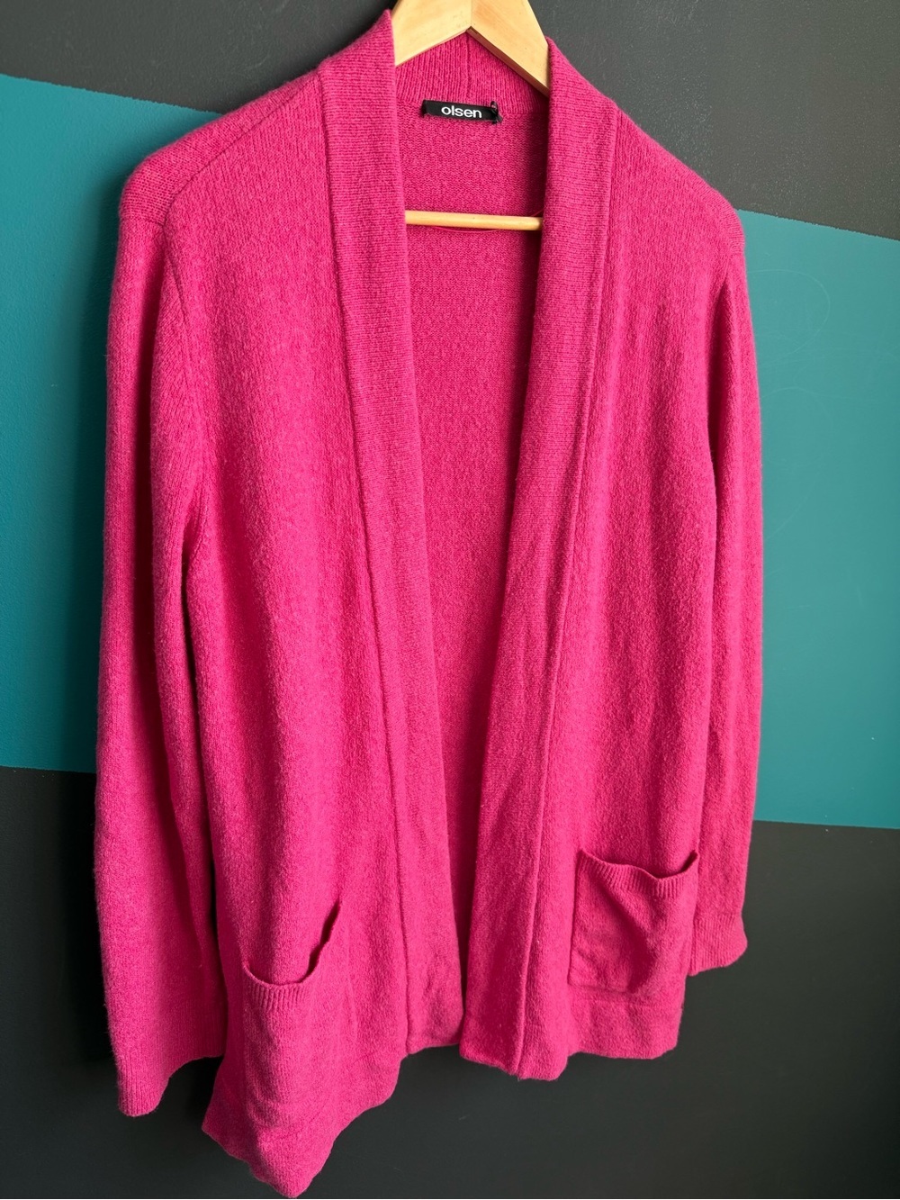 Women's Open-Front Hot Pink Cardigan with Pockets - Picture 3 of 13